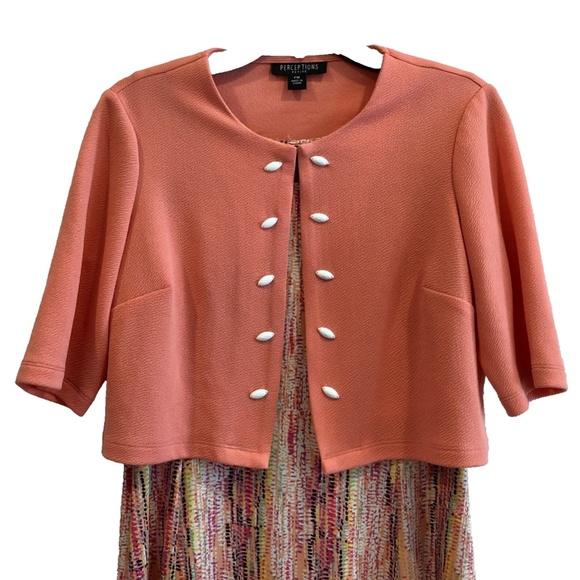 Perceptions Petite Women's 2 Piece Peach Combo Sleeveless Dress & Cardigan PM - Picture 6 of 13